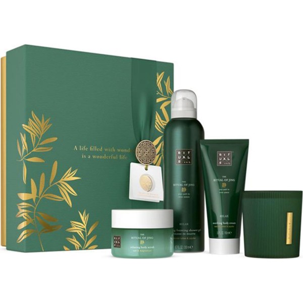 Rituals of jing exfoliante corporal 125ml + relax gel de baño 1u + relax crema corporal 100ml + vela 1u
